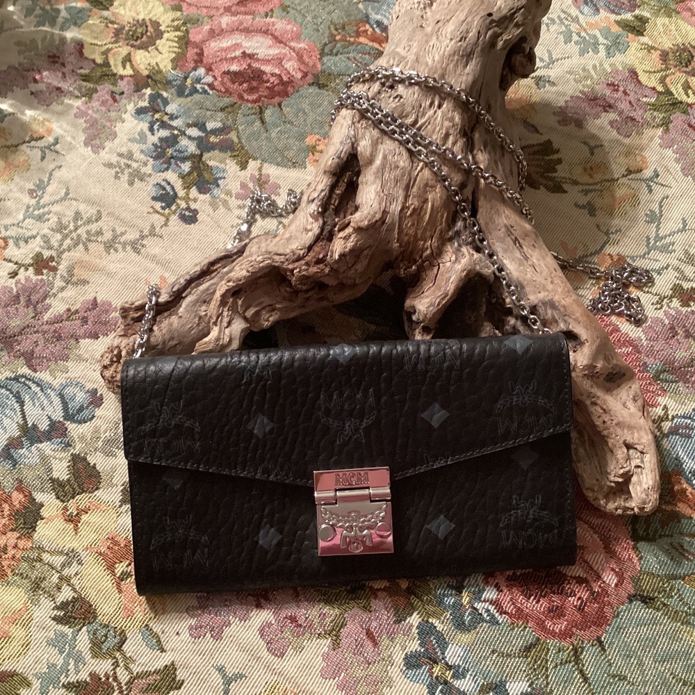 New Black MCM Wallet / Crossbody w/ Silver Chain